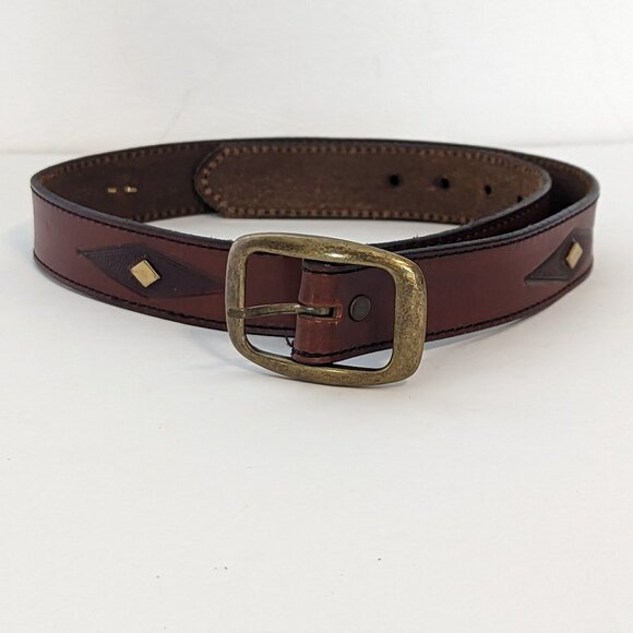 Western Leather Belt Diamond Pattern Geometric‎ Bronze Tone Hardware Vintage